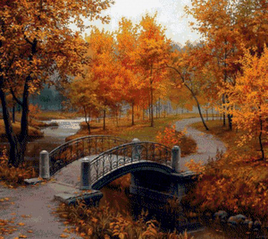 Осенний парк - листья, листопад, природа, мостик, осенняя картина, парк, осень - предпросмотр