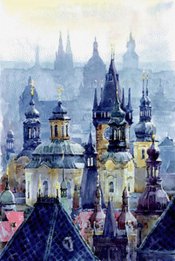Прага - живопись, дома, город, акварель - предпросмотр