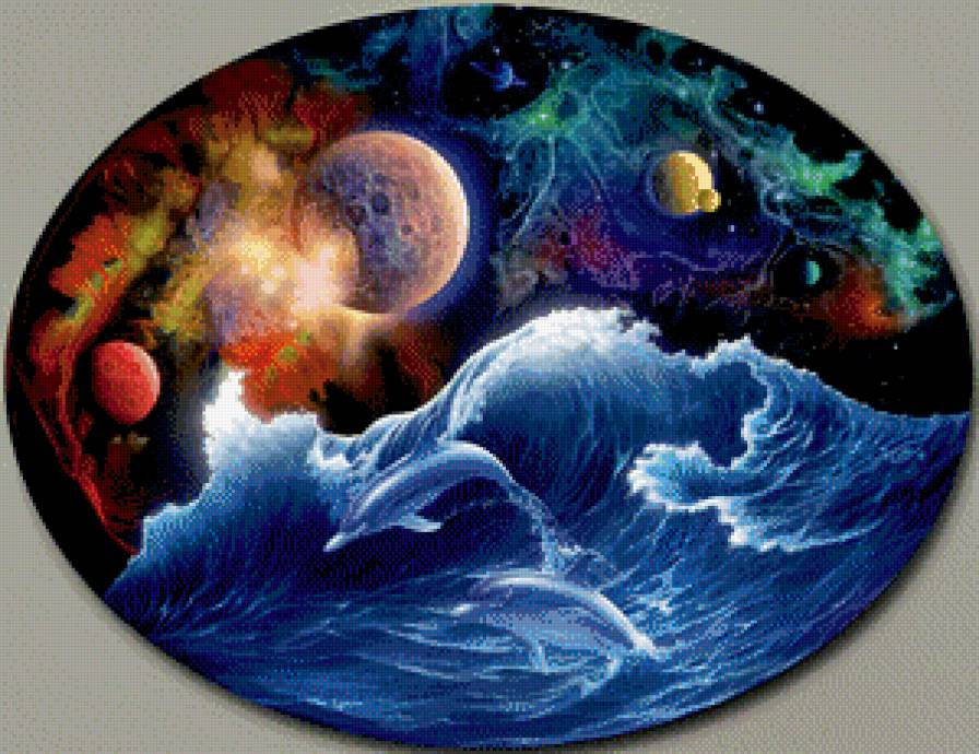 картина фэнтези - море, космос, живопись, дельфин, планета - предпросмотр