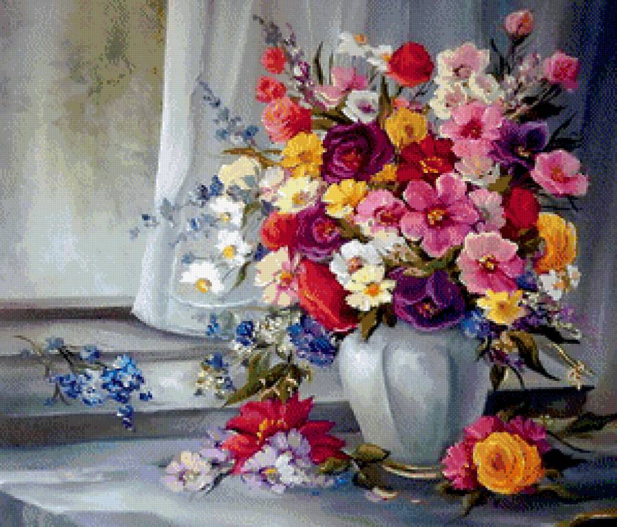 букет у окна - картина, незабудки, ромашка, ваза, цветы, мальва, живопись, роза - предпросмотр