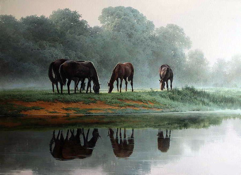 Лошади - природа, утро, лошади, пейзаж - оригинал