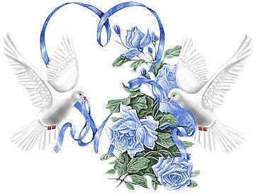 любовь и голуби - голуби, сердце, синие цветы, розы, пара, птицы, любовь, свадьба - оригинал
