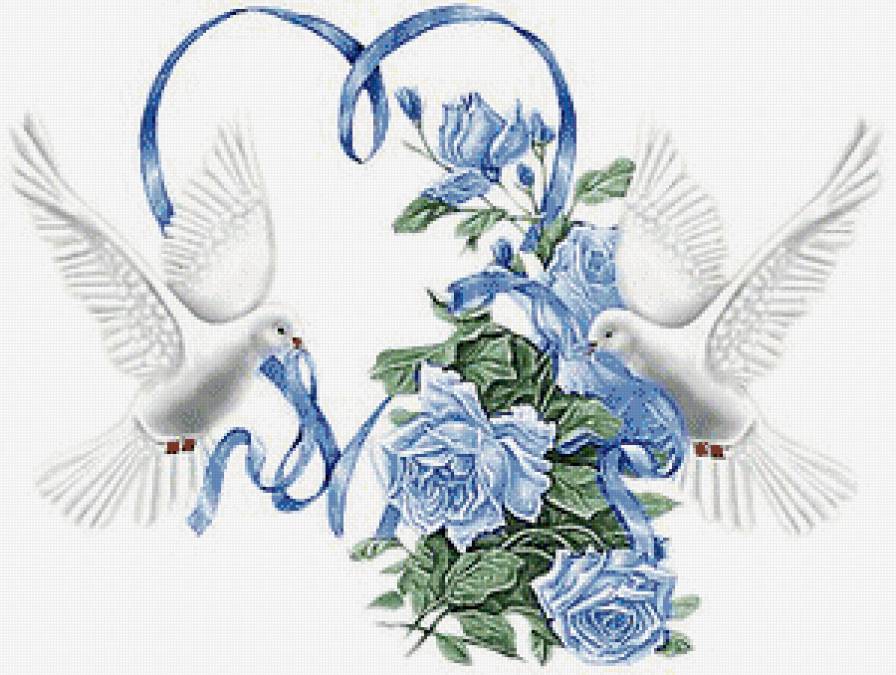 любовь и голуби - свадьба, синие цветы, сердце, любовь, пара, птицы, розы, голуби - предпросмотр