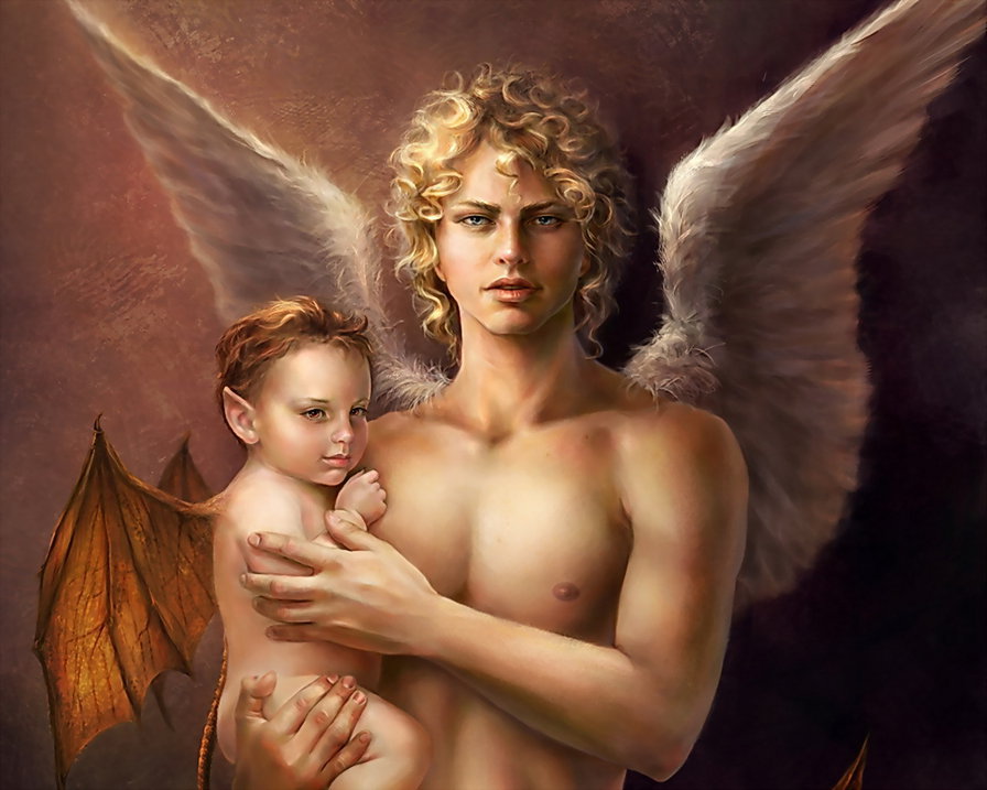 ангел с ребенком - картина, фэнтези, ангелы, мужчина - оригинал