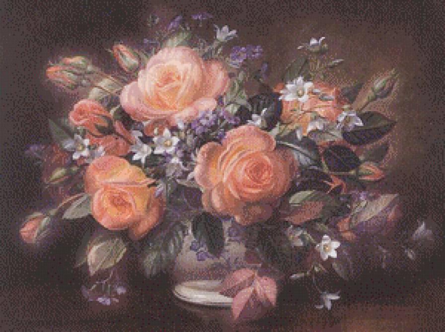 старинная картина - цветы, букет, живопись, колокольчик, ваза, розы, роза - предпросмотр