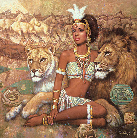 Сафари - живопись, лев, девушка, африка, кошки - оригинал