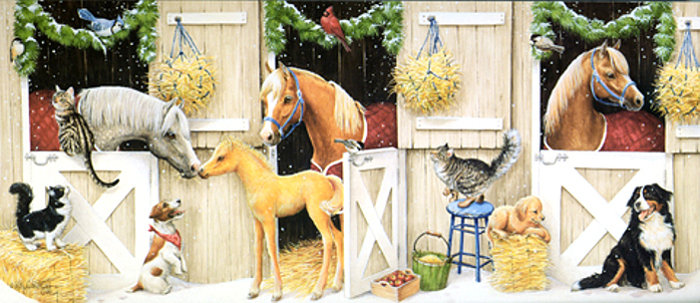 рождественские зверята - кони, зима, животные, собаки, конюшня, кошки - оригинал