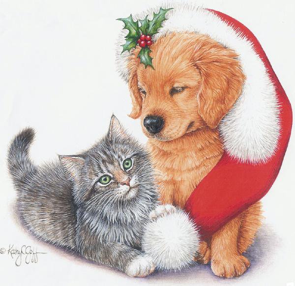 рождественские зверята - новый год, домашние животные, щенок с котенком, зима - оригинал