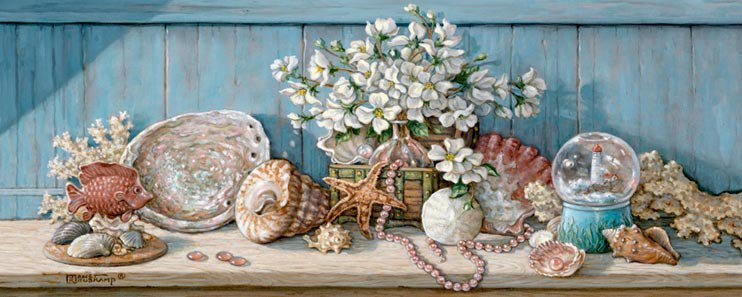морской натюрморт - цветы, ваза, море, ракушки, букет, натюрморт - оригинал