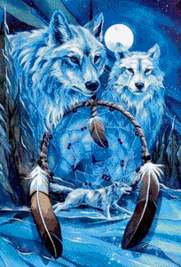 ловушка для снов - волк, хищник, живопись, перо, луна - предпросмотр