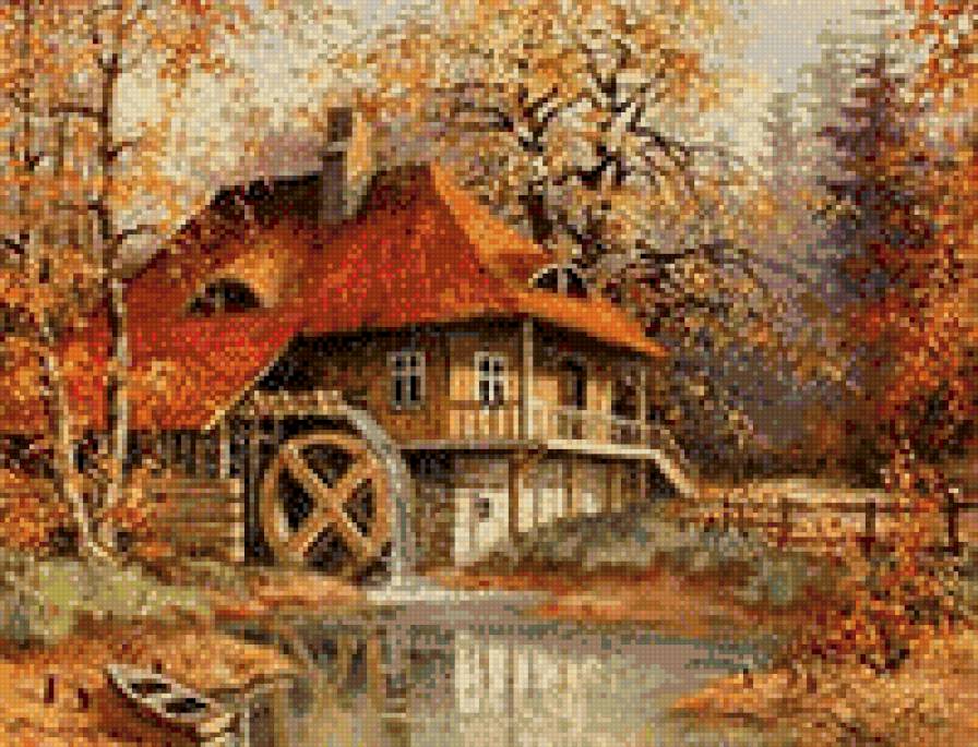 домик в лесу - река, осень, деревья, лес, домик - предпросмотр