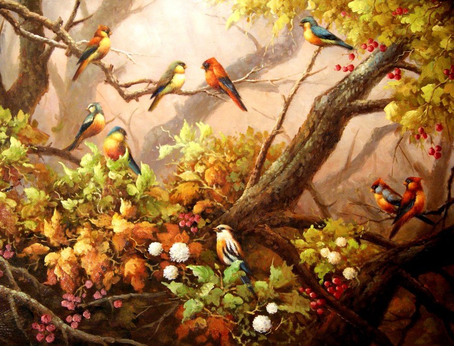 райские птички - пейзаж, сад, птицы - оригинал