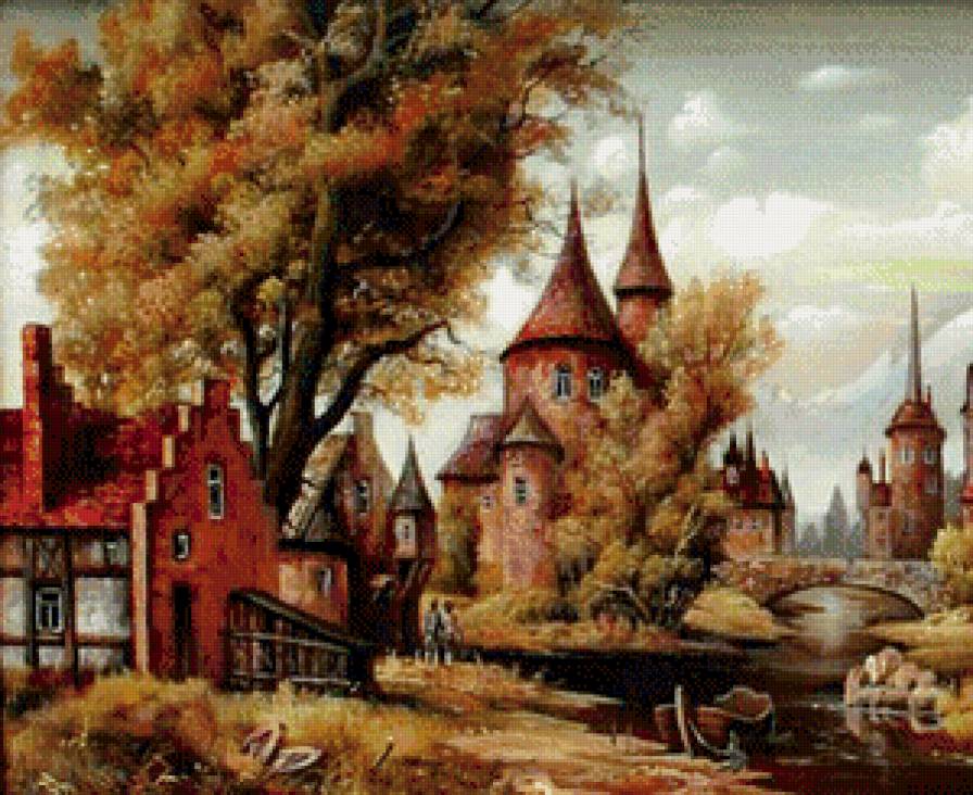 старинная картина часть 1 - природа, город, живопись, гора, дерево, замок, река, мост - предпросмотр