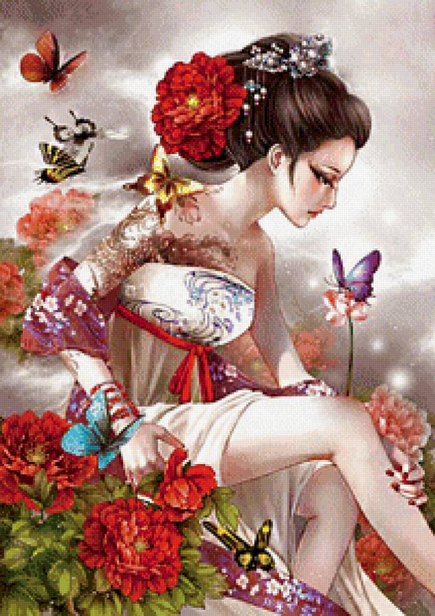восточная красавица - девушка, пионы, живопись, женщина, бабочка, цветы - предпросмотр