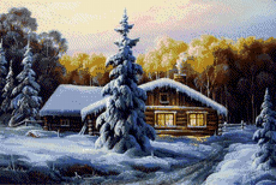 Зимний домик (А.Найденов) - зима, снег, домик, ели - предпросмотр