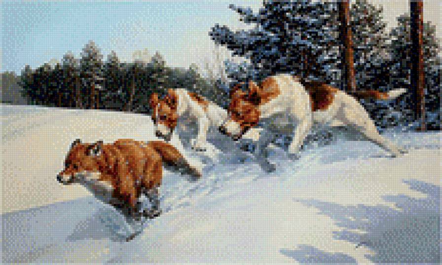 164 - собаки, животные, картина, природа, зима, красота, лиса - предпросмотр