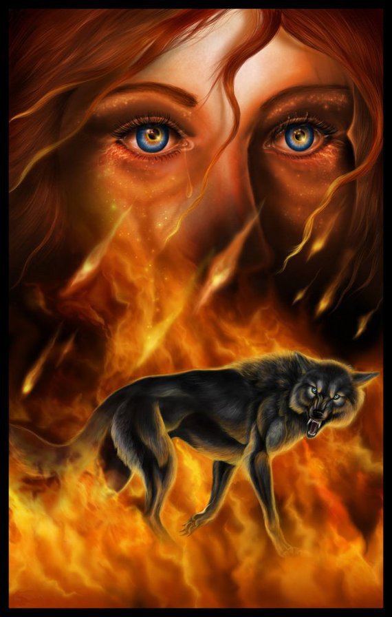 Огненный зверь - взгляд, волк, женщина, огонь - оригинал