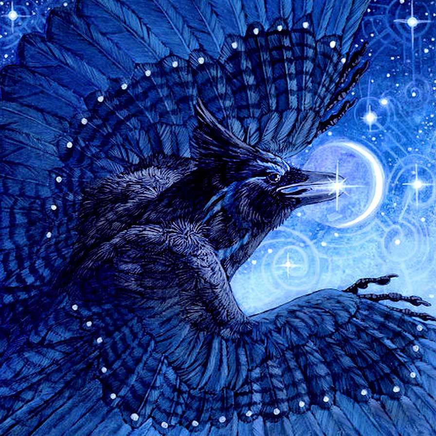 создавая ночь - ворон, картина, звезда, фэнтези, птица, живопись - оригинал