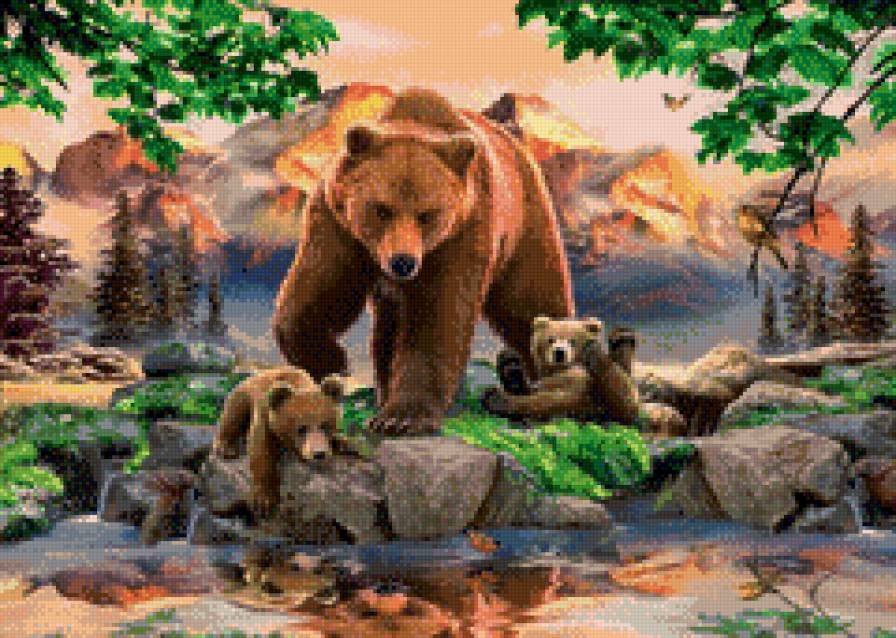 Медвежатки с мамой - медведи медвежата природа река - предпросмотр