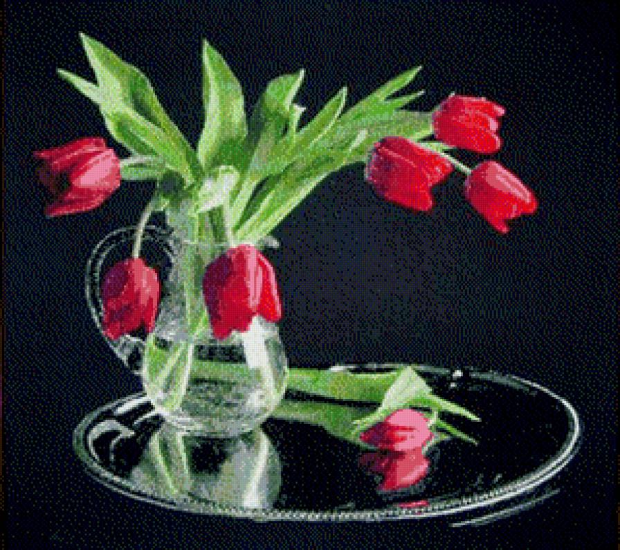 тюльпаны на черном - букет, цветы, натюрморт - предпросмотр