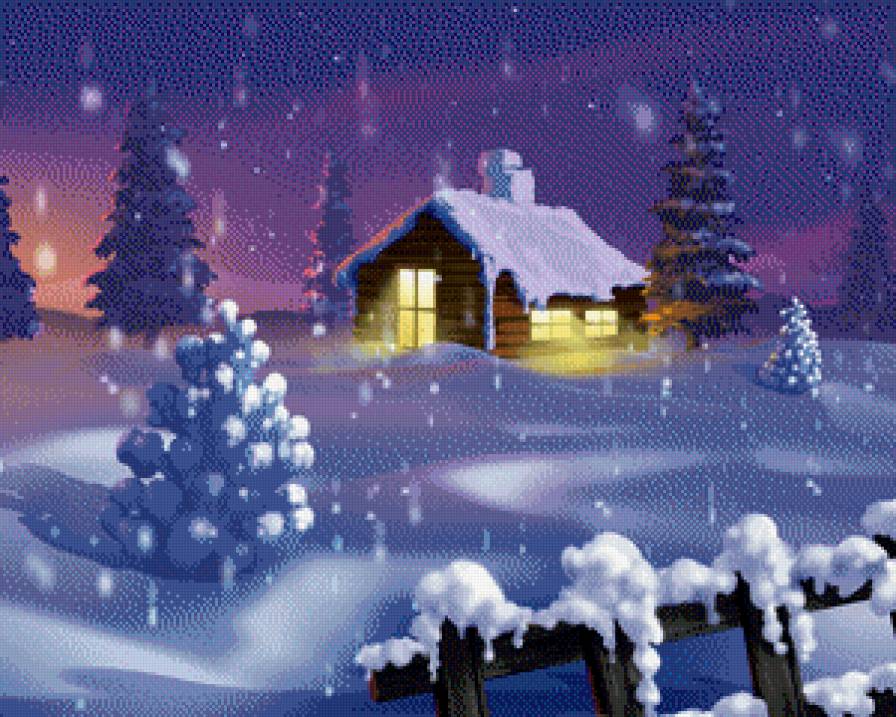 Снегопад - деревня, зима, вечер, село - предпросмотр