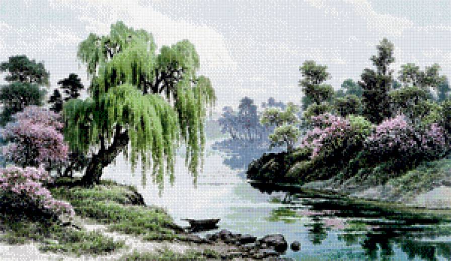живопись востока - китай, река, ива, акварель, пейзаж, япония, цветы, природа, дерево, лето - предпросмотр