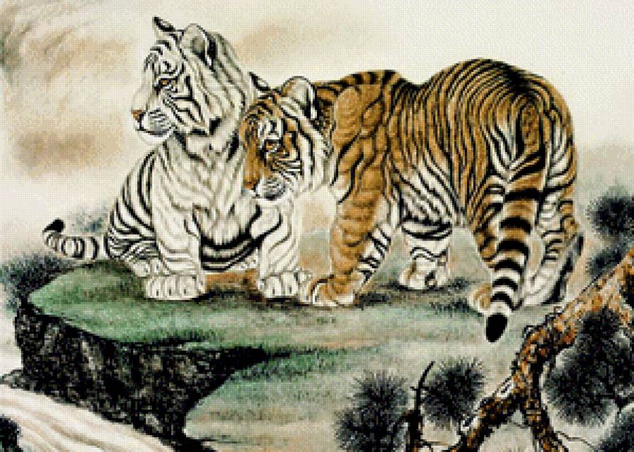 принцы джунглей - тигренок, китай, япония, природа, хищник, тигр, живопись, восток - предпросмотр