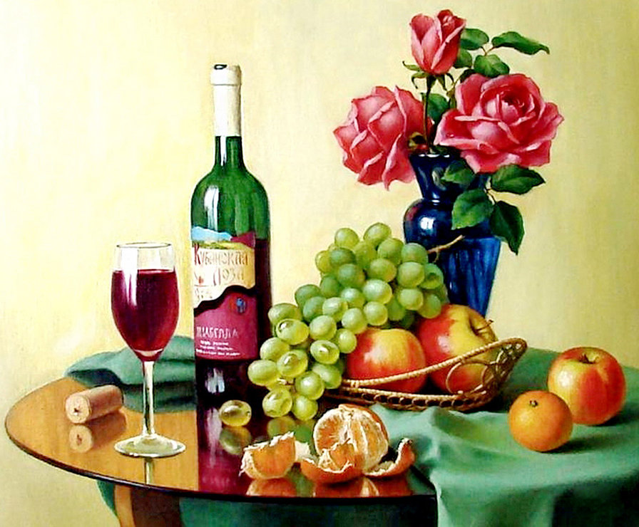 натюрморт о розами - мандарин, бокал, картина, вино, букет, персик, виноград, роза, живопись - оригинал