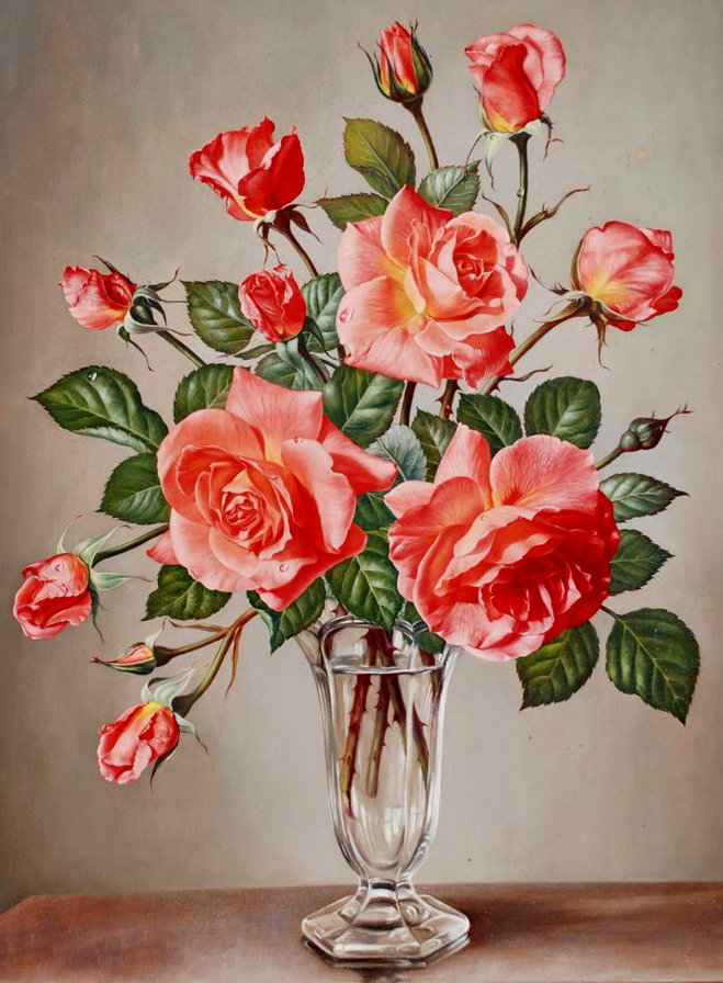 старинная картина - роза, букет, ваза, живопись, розы, цветы - оригинал