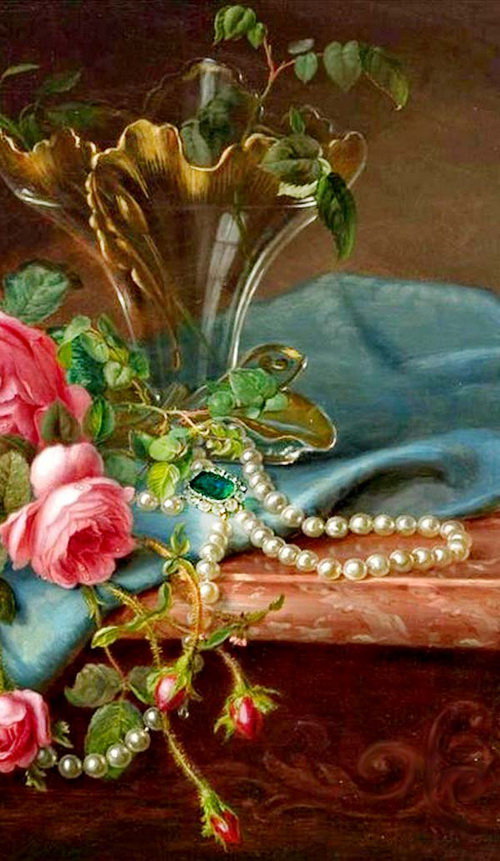 старинная картина часть 2 - роза, розы, ваза, жемчуг, букет, цветы, живопись - оригинал