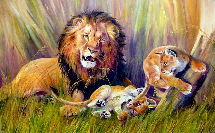 счастливая семья - природа, львенок, лев, хищник, живопись - оригинал