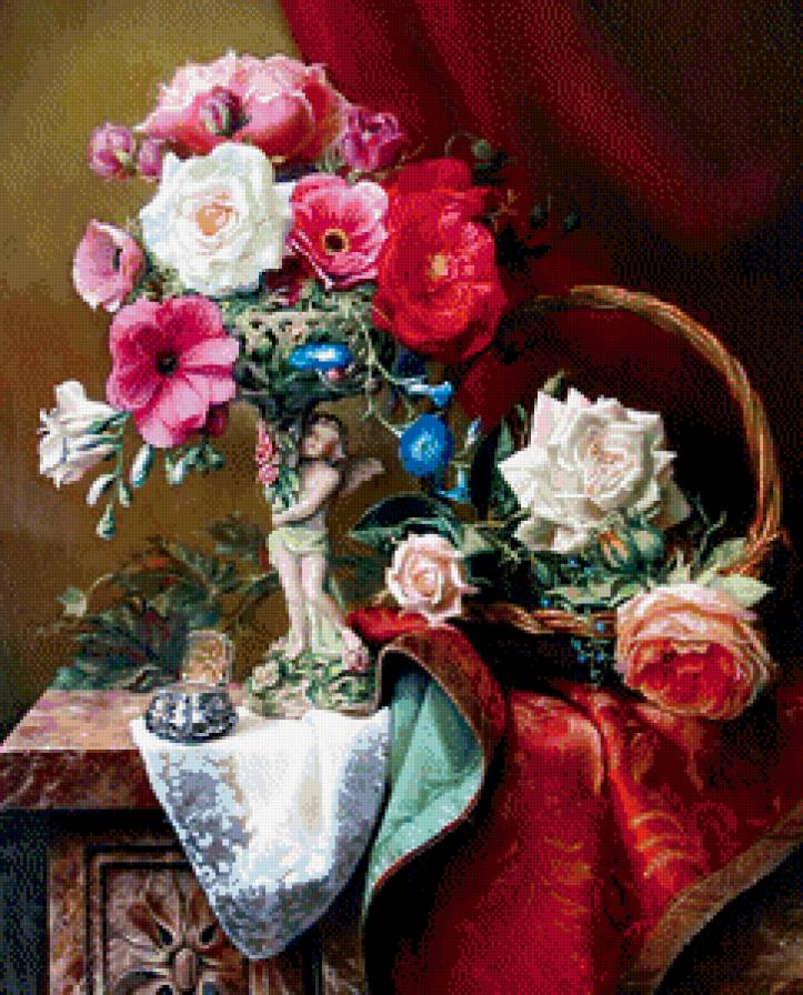 старинная картина - статуэтка, розы, роза, цветы, ваза, корзина, шкатулка, живопись, букет - предпросмотр