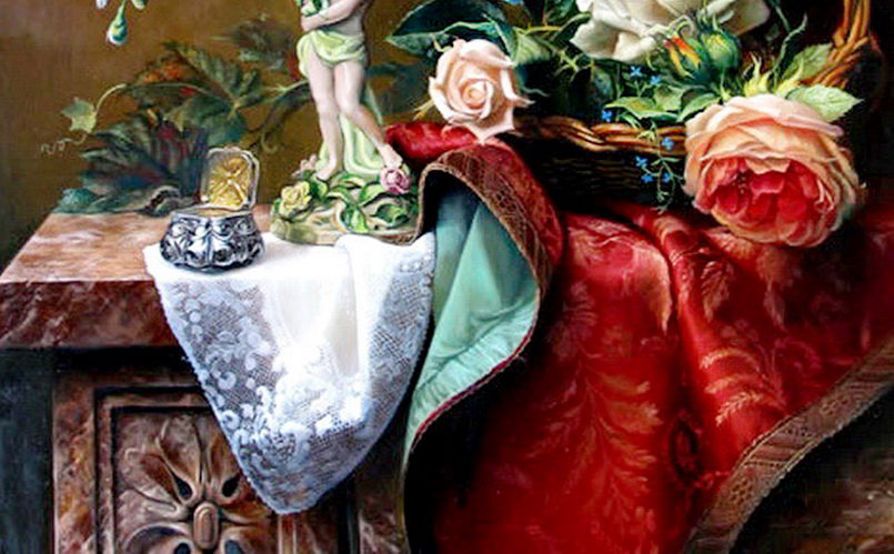 старинная картина часть 2 - статуэтка, шкатулка, букет, живопись, ваза, роза, розы, цветы, корзина - оригинал