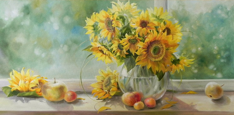 солнышко на окошке - цветы, яблоко, подсолнух, ваза, картина, живопись, букет, осень, окно - оригинал