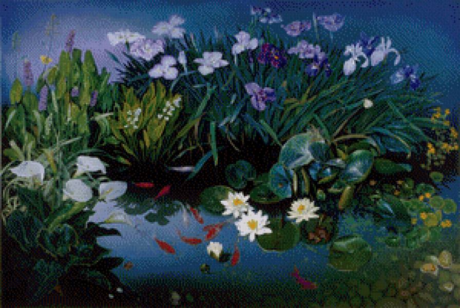 садовый прудик - лотос, картина, природа, пруд, живопись, калла, рыба, вода, ирис, цветы - предпросмотр