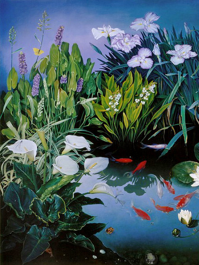 садовый прудик часть 1 - ирис, живопись, цветы, рыба, вода, лотос, природа, картина, пруд, калла - оригинал