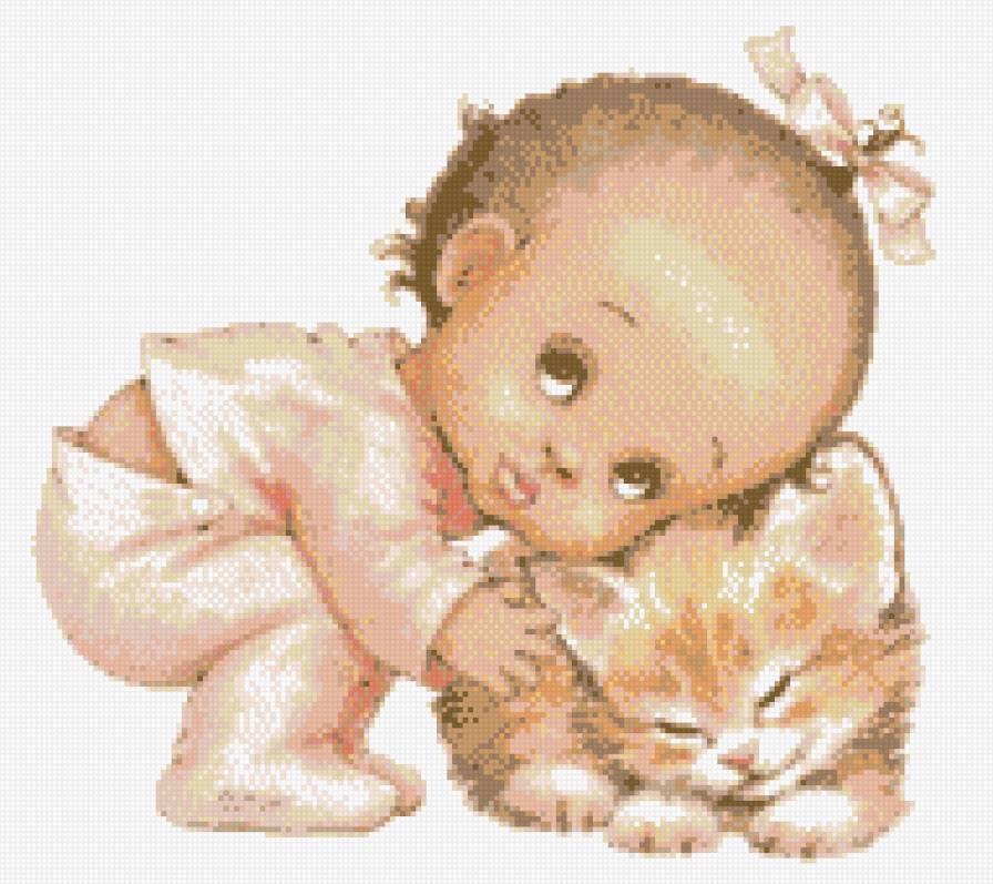 малышка и киска - котик, девочка, детское, малышка - предпросмотр