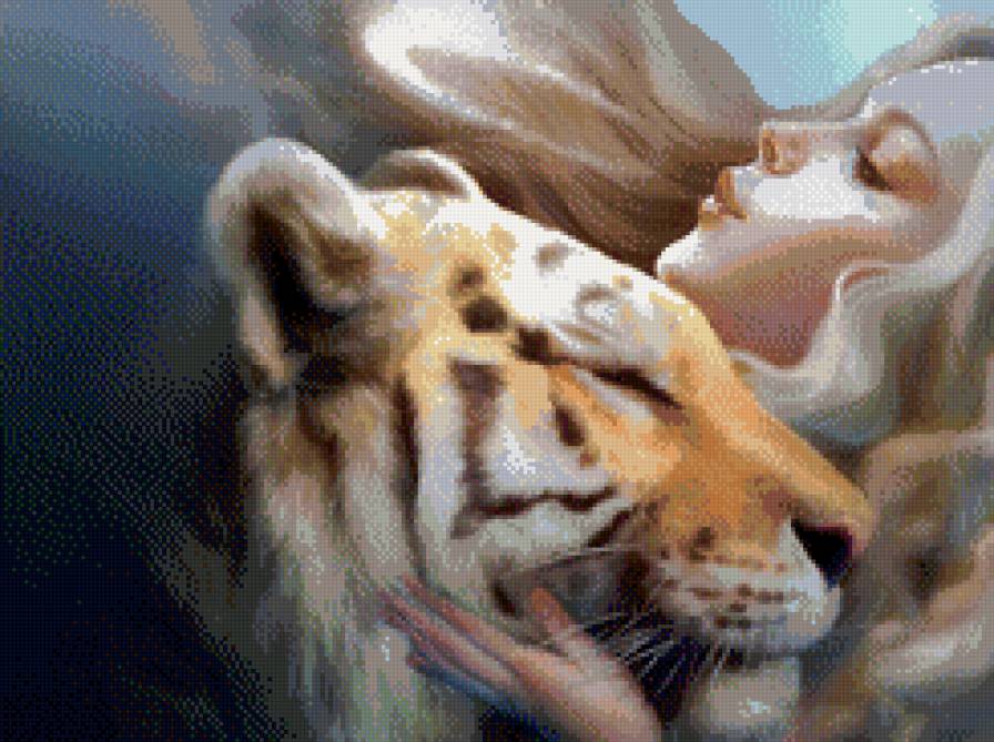 Девушка и тигр - живопись, тигр, девушки, фентези - предпросмотр