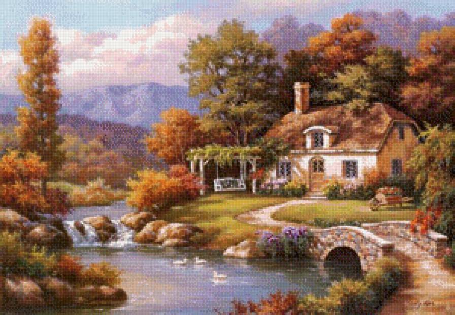 Осень - сельский пейзаж, река, село - предпросмотр