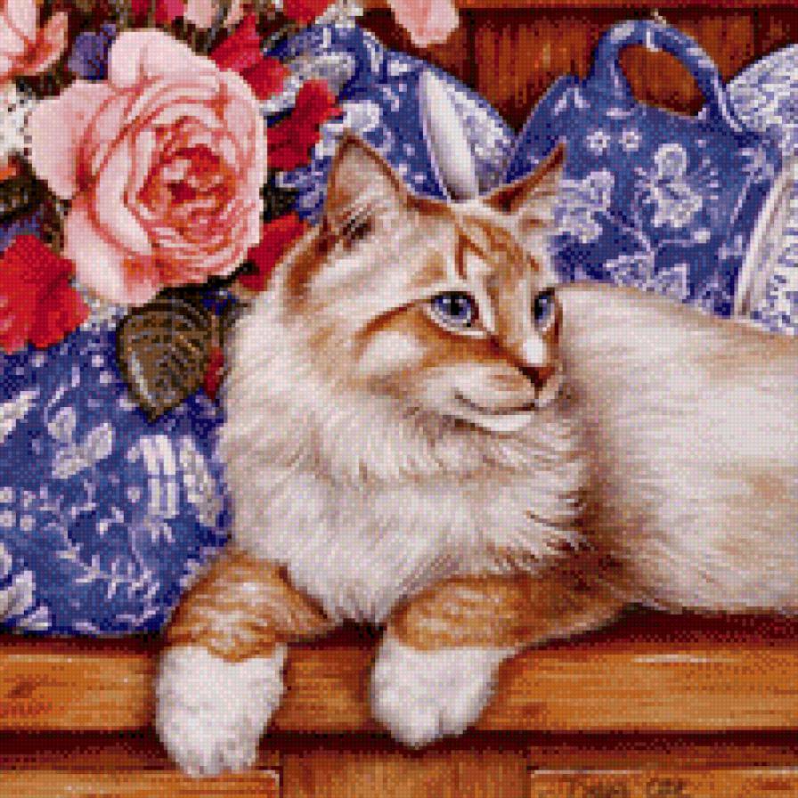 Кошка - кошка, натюрморт, животные, цветы - предпросмотр