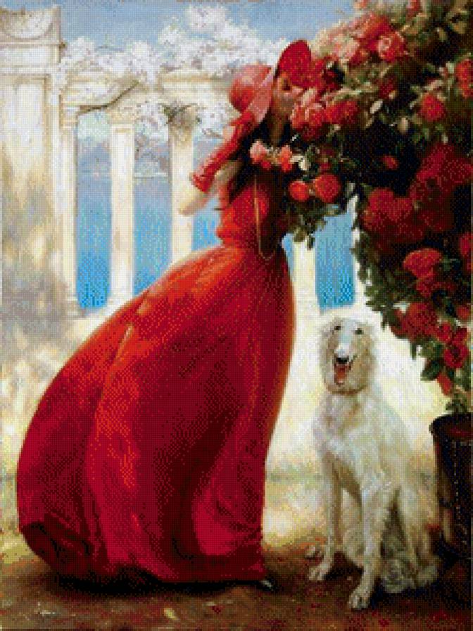девушка - девушка, собака, красное платье - предпросмотр