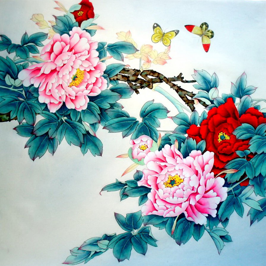 китайская живопись - древесный пион, бабочка, восток - оригинал