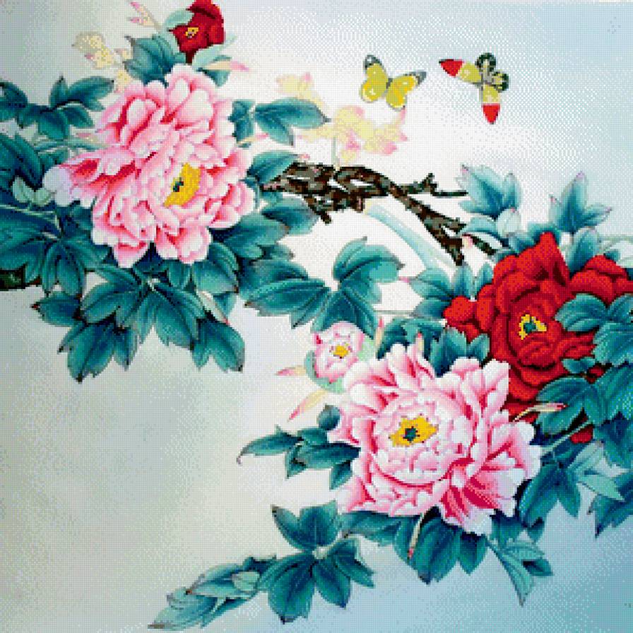китайская живопись - восток, бабочка, древесный пион - предпросмотр