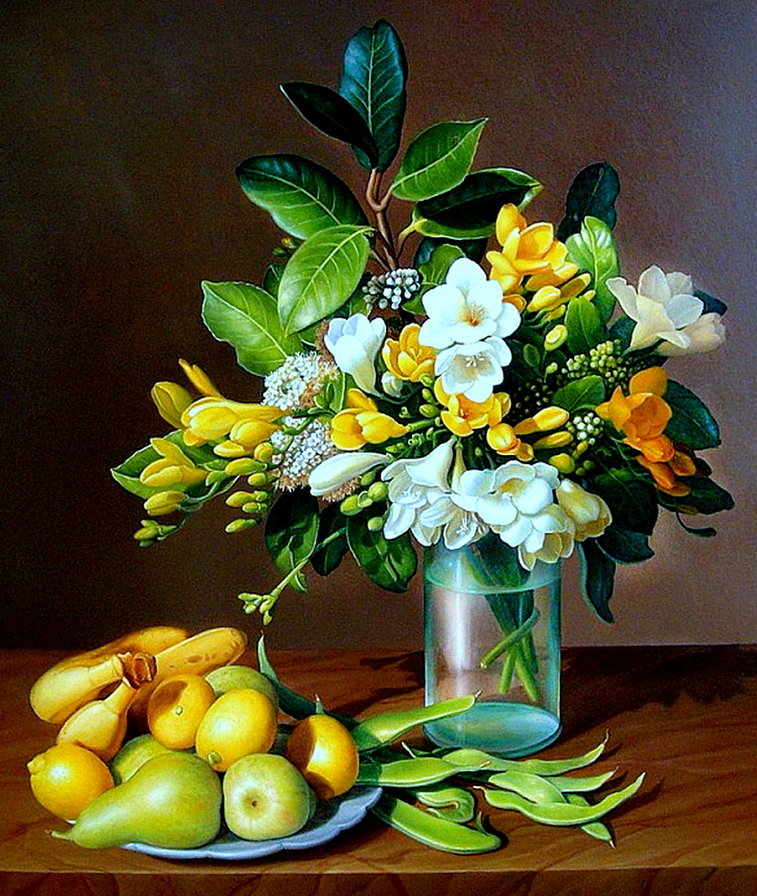 в желто-зеленых тонах - лимон, живопись, картина, ваза, цветы, груша, банан, фрезия, букет, фрукт - оригинал