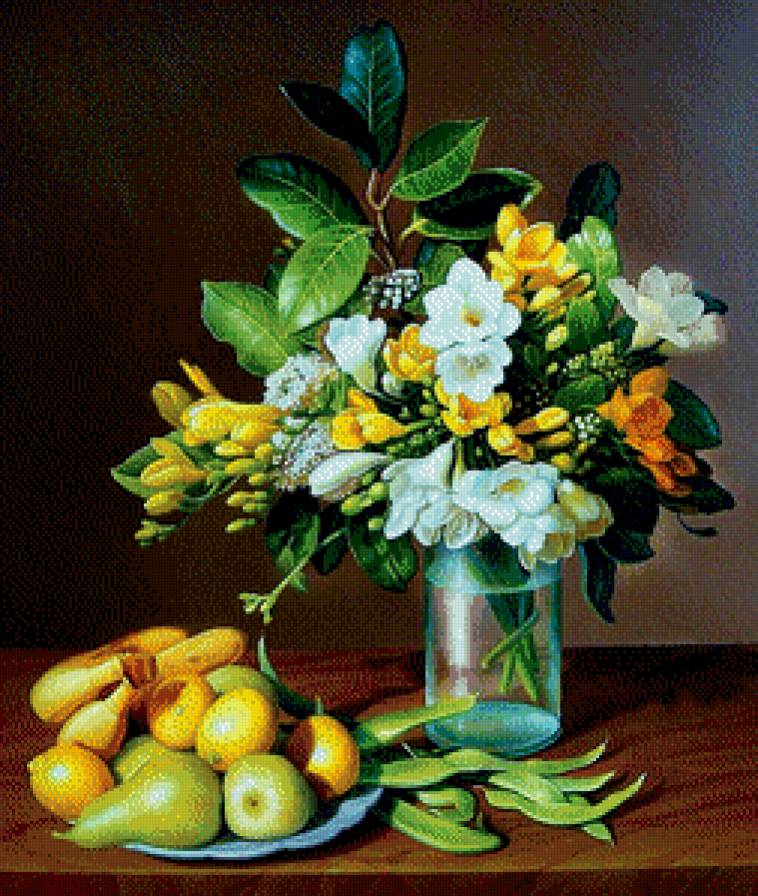 в желто-зеленых тонах - живопись, лимон, картина, банан, букет, цветы, груша, фрезия, ваза, фрукт - предпросмотр