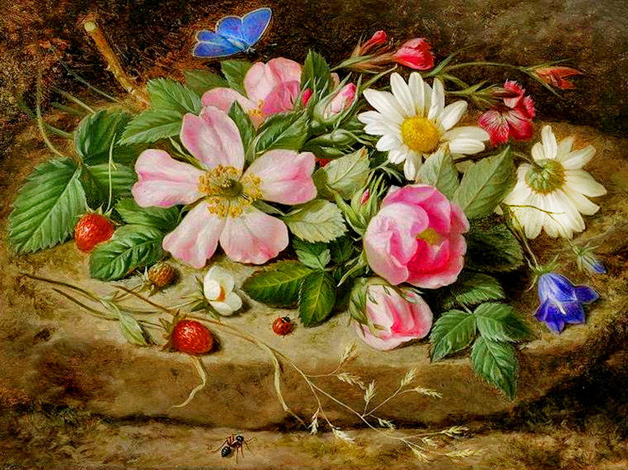 старинная картина - живопись, земляника, букет, цветы, роза, шиповник, бабочка, ромашка - оригинал