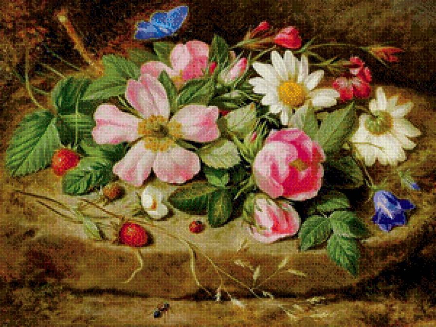 старинная картина - букет, живопись, роза, шиповник, цветы, земляника, бабочка, ромашка - предпросмотр