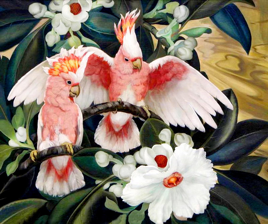 тропические красавцы - птицы, любовь, пара, природа, живопись, попугай, тропики, цветы - оригинал