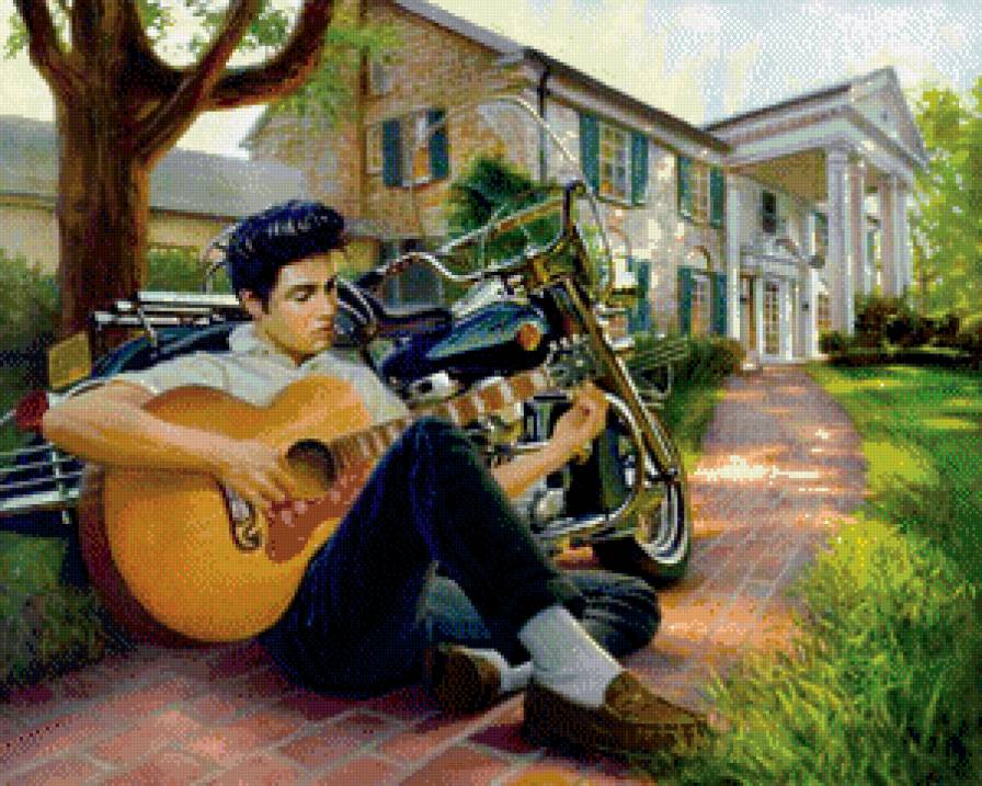 юность короля - картина, мотоцикл.дом, дорога, элвис пресли, гитара, дерево, живопись - предпросмотр