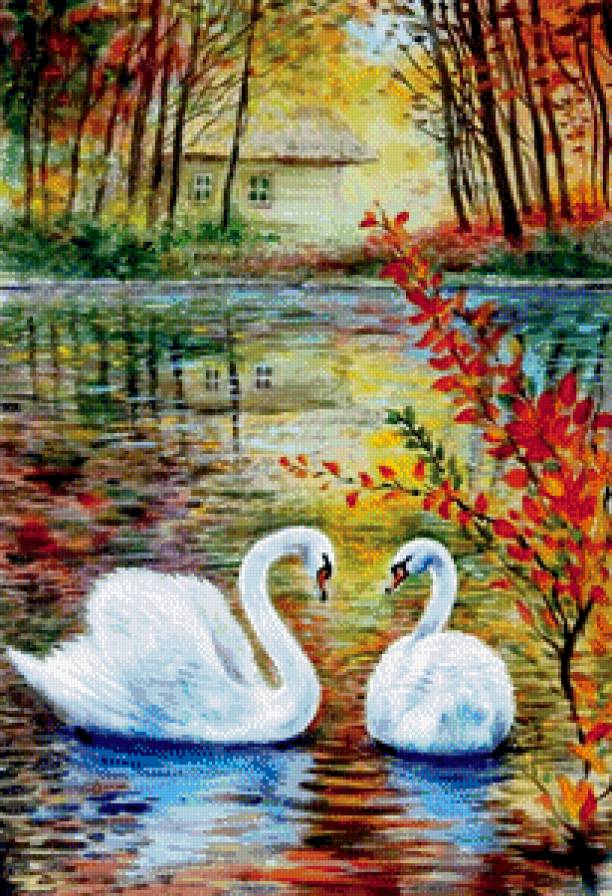 лебеди на пруду - живопись, листья, природа, дерево, пара, дом, вода, осень, отражение - предпросмотр